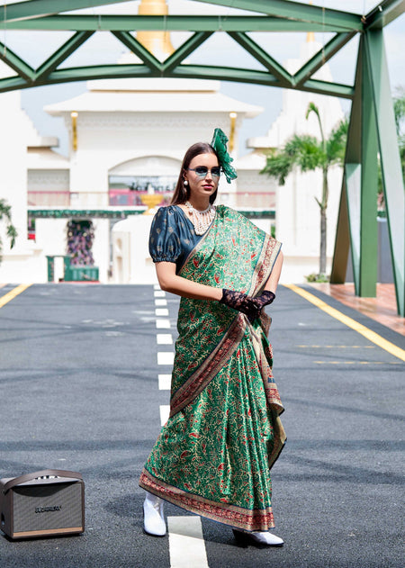 Anaita Green Ajrakh Printed Pure Satin Silk Saree With Blouse