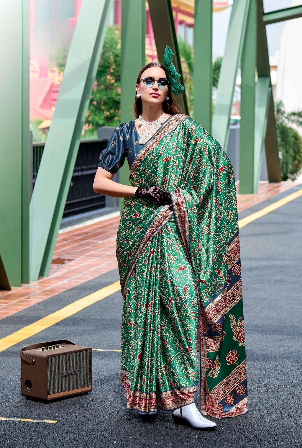 Anaita Green Ajrakh Printed Pure Satin Silk Saree With Blouse - Distacart