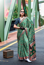 Anaita Green Ajrakh Printed Pure Satin Silk Saree With Blouse - Distacart