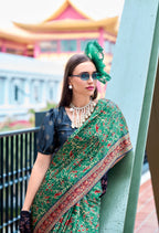 Anaita Green Ajrakh Printed Pure Satin Silk Saree With Blouse - Distacart