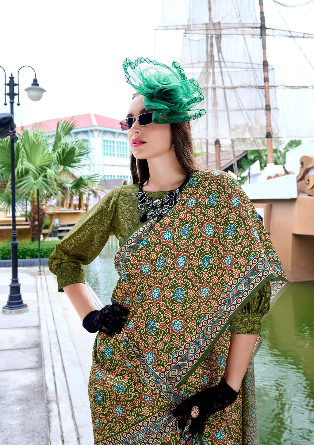 Anaita Mehendi Ajrakh Printed Pure Satin Silk Saree With Blouse - Distacart