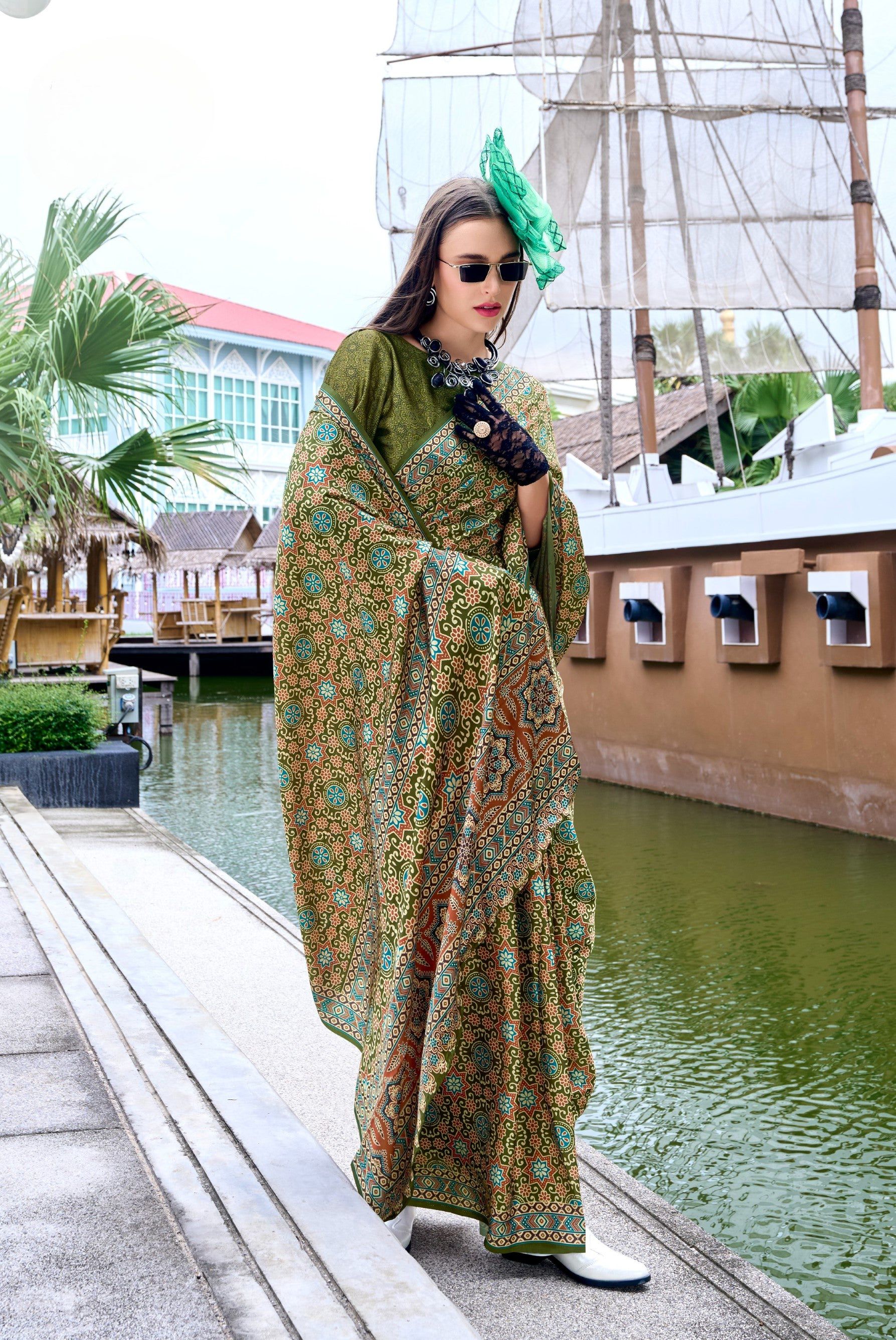 Anaita Mehendi Ajrakh Printed Pure Satin Silk Saree With Blouse - Distacart