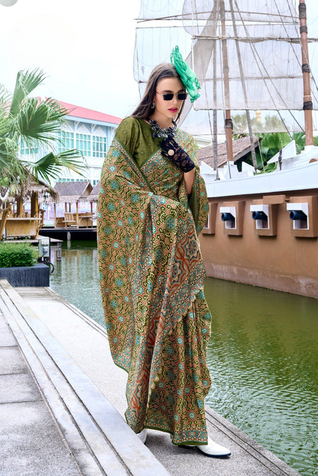 Anaita Mehendi Ajrakh Printed Pure Satin Silk Saree With Blouse