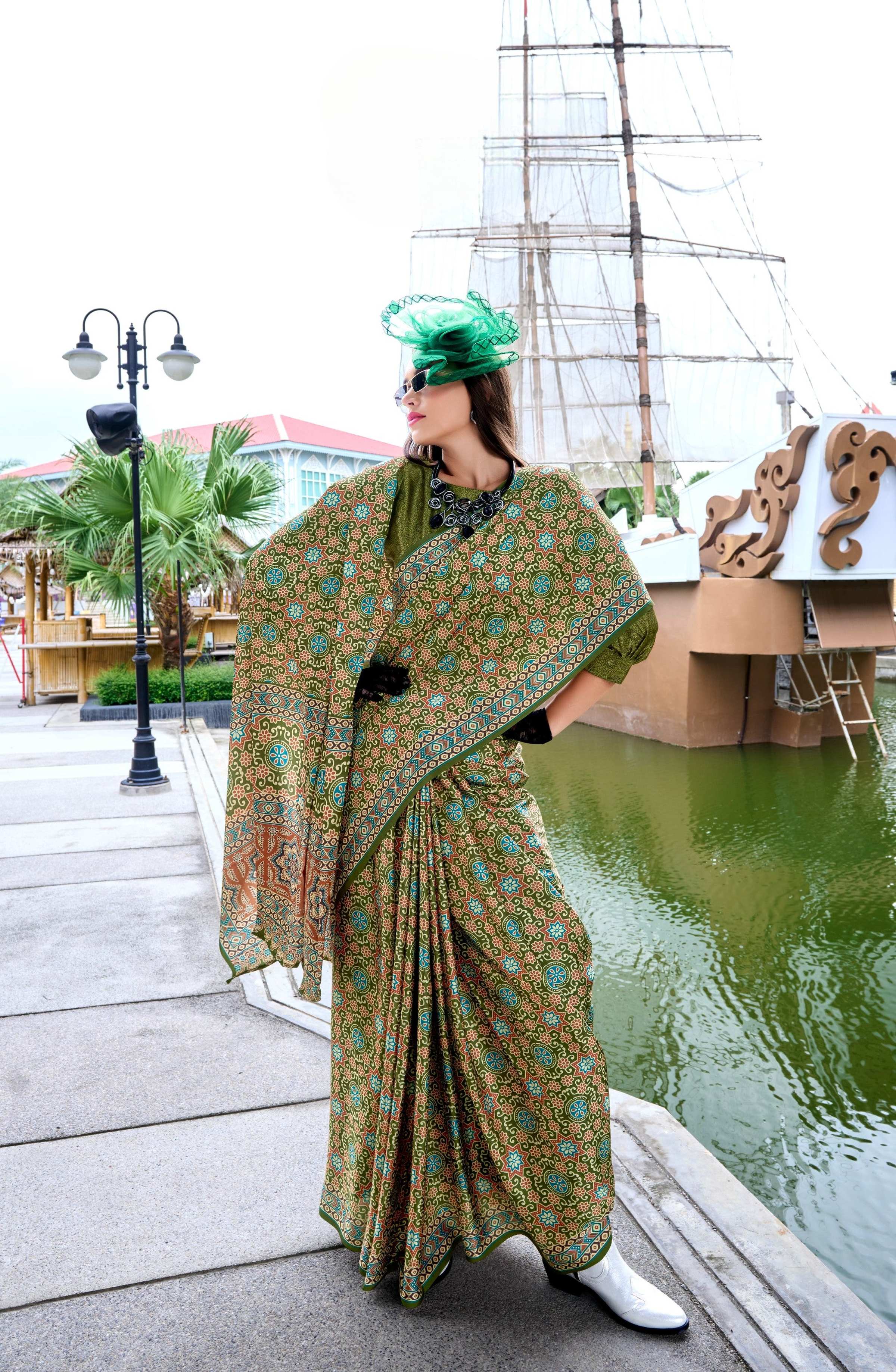 Anaita Mehendi Ajrakh Printed Pure Satin Silk Saree With Blouse - Distacart