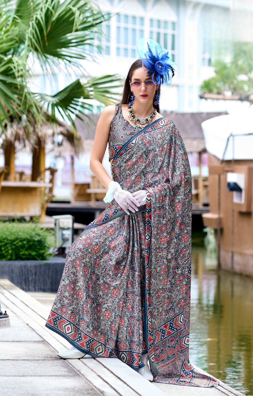 Anaita Grey Ajrakh Printed Pure Satin Silk Saree With Blouse - Distacart