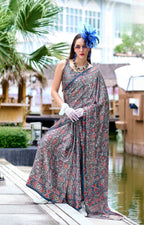 Anaita Grey Ajrakh Printed Pure Satin Silk Saree With Blouse - Distacart