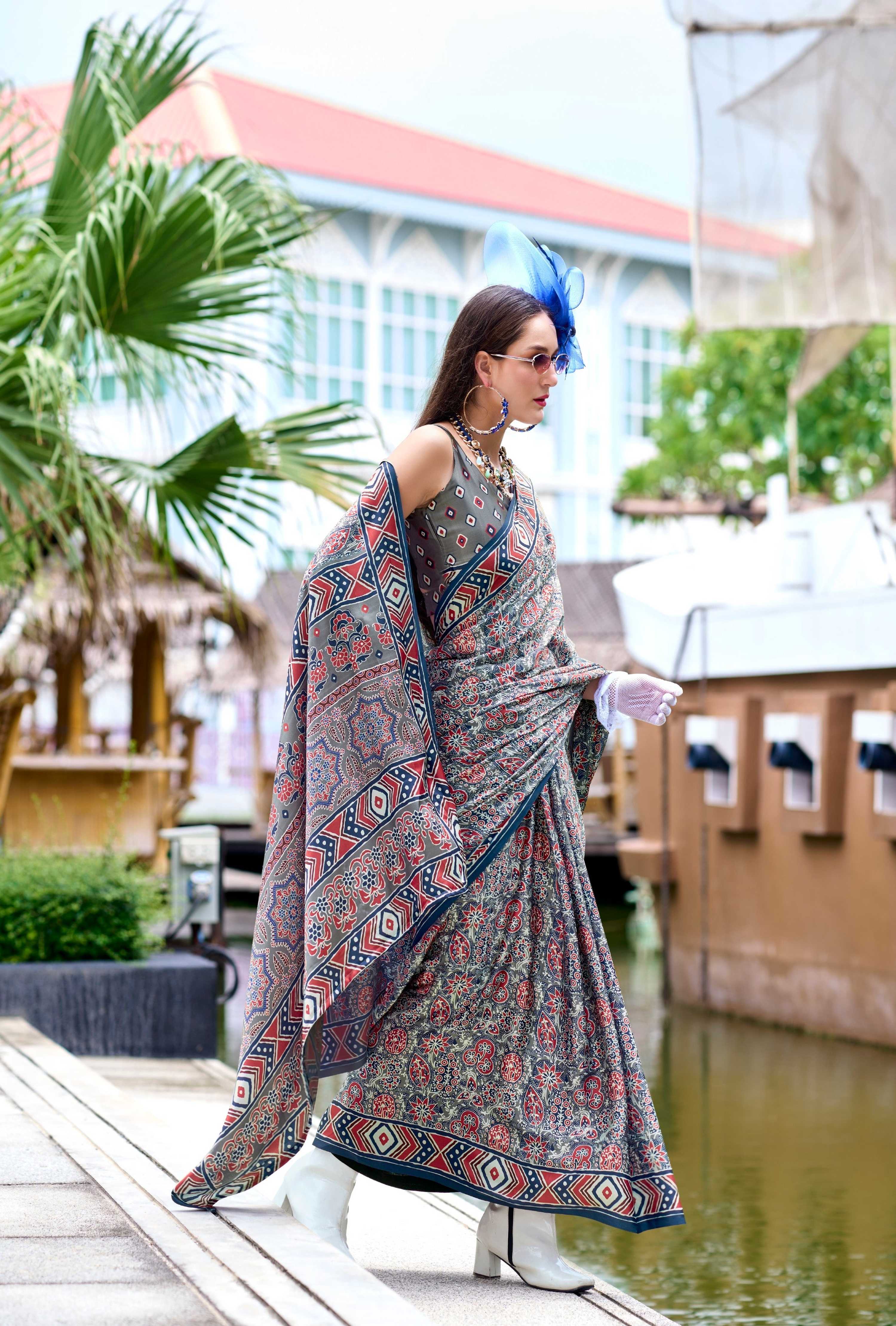 Anaita Grey Ajrakh Printed Pure Satin Silk Saree With Blouse - Distacart