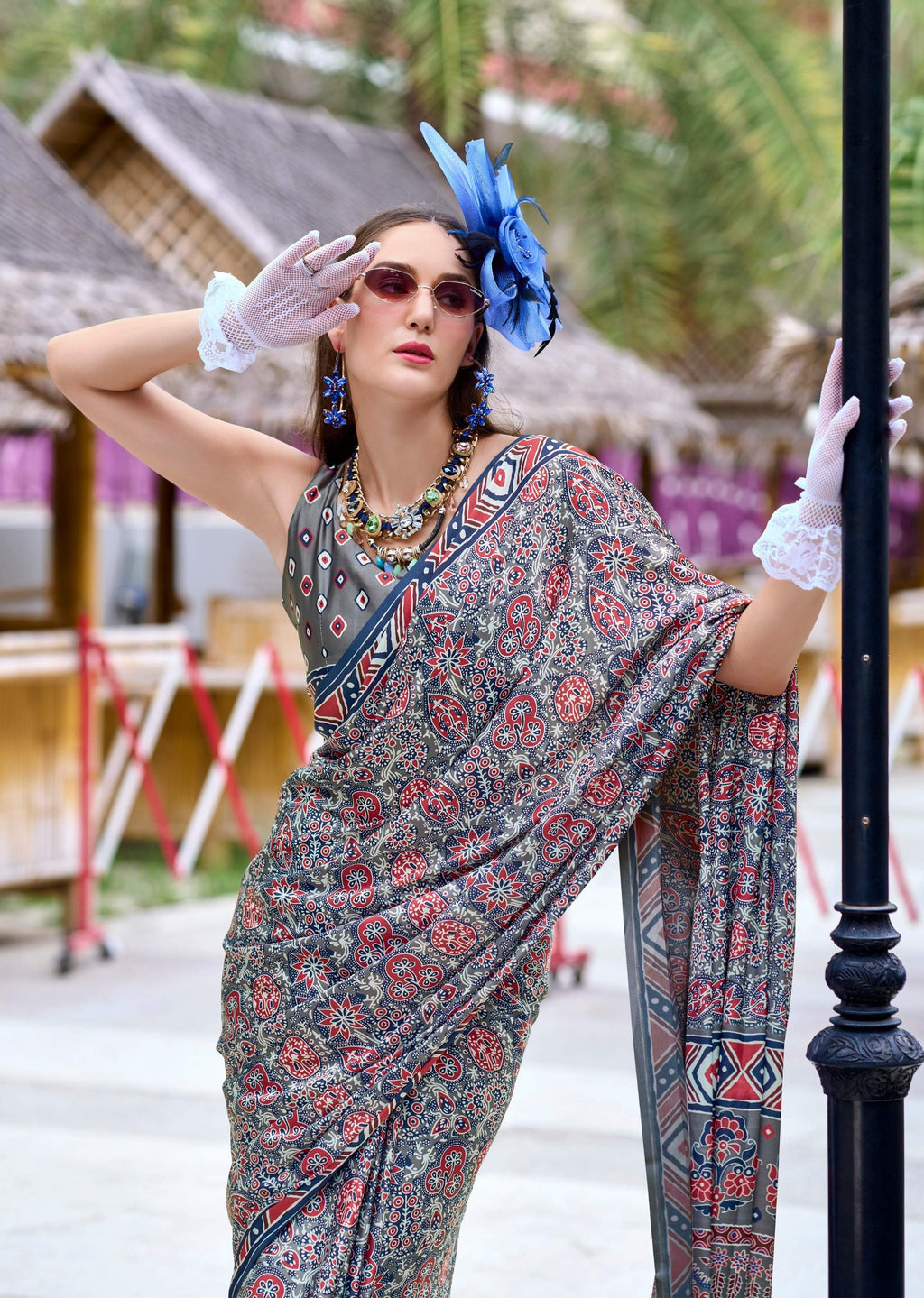 Anaita Grey Ajrakh Printed Pure Satin Silk Saree With Blouse - Distacart