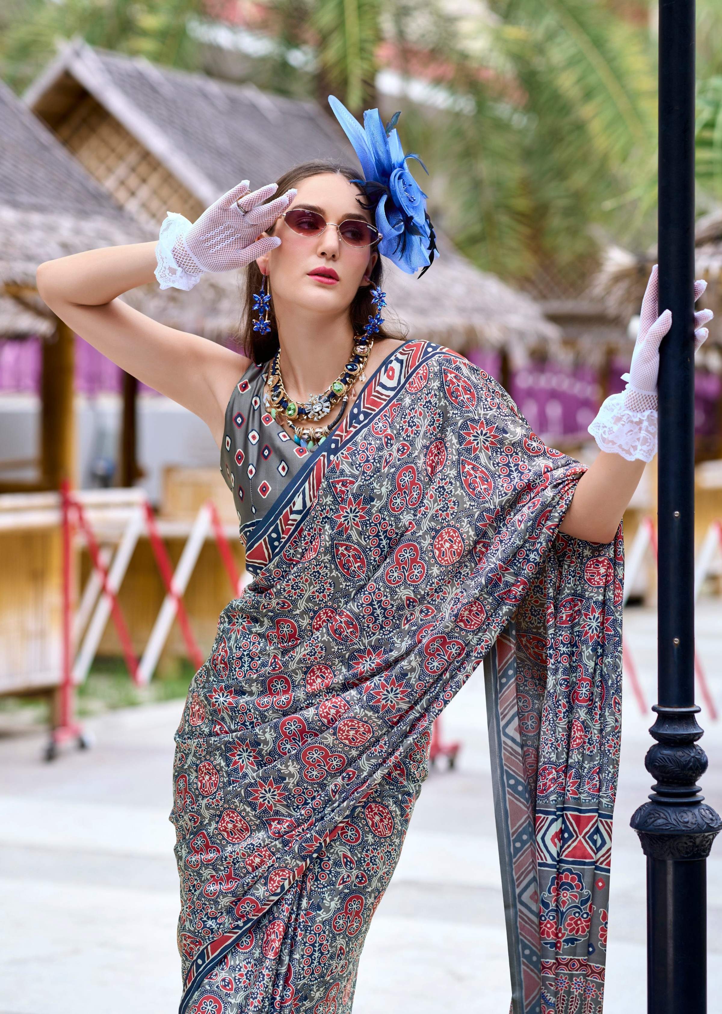 Anaita Grey Ajrakh Printed Pure Satin Silk Saree With Blouse - Distacart