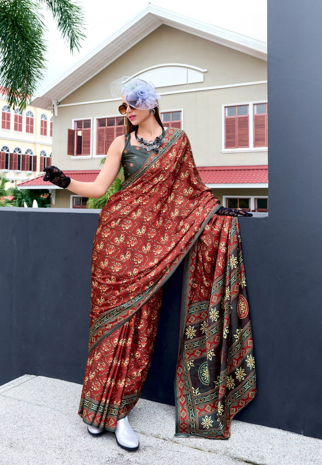 Anaita Maroon Ajrakh Printed Pure Satin Silk Saree With Blouse - Distacart