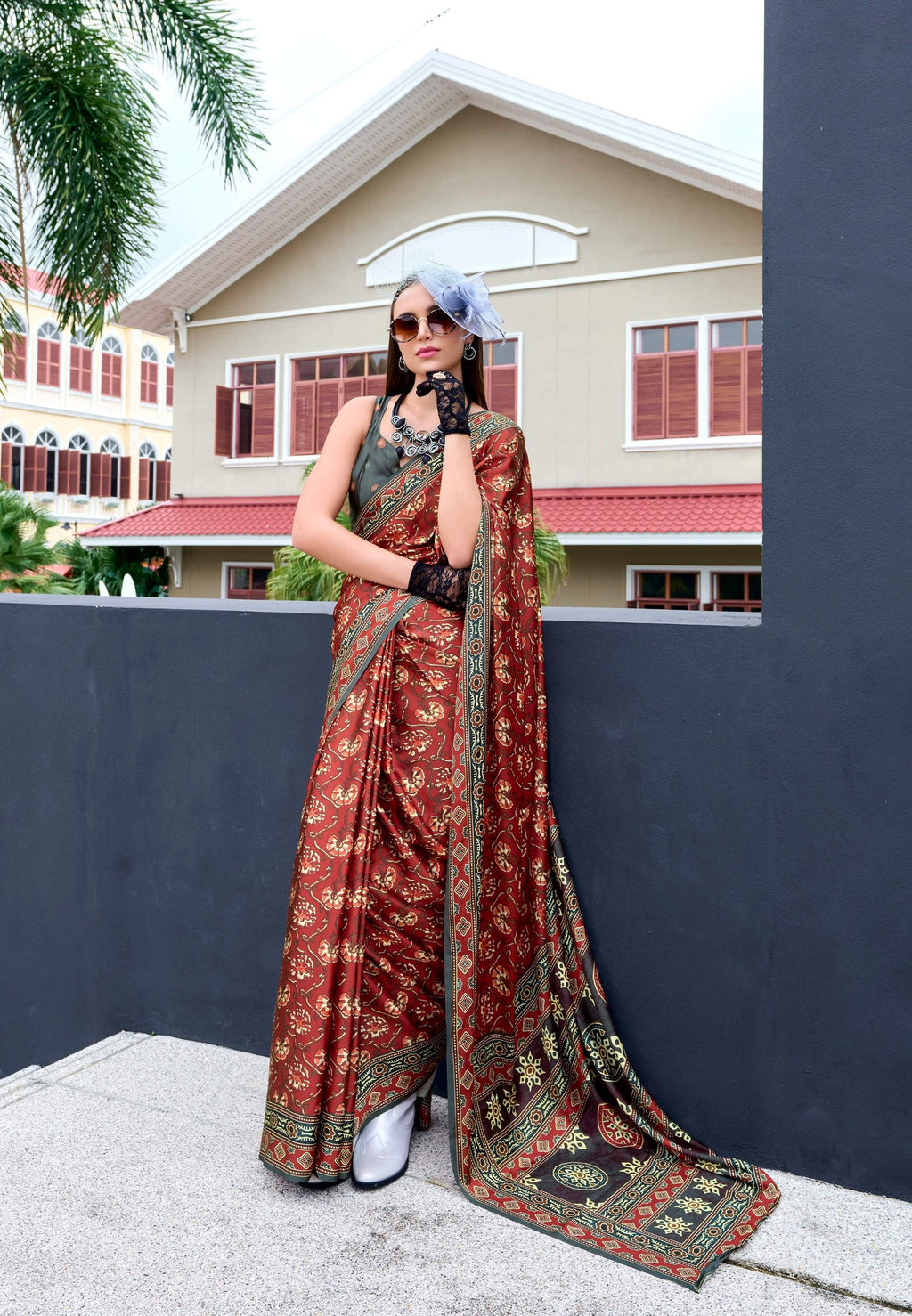 Anaita Maroon Ajrakh Printed Pure Satin Silk Saree With Blouse - Distacart