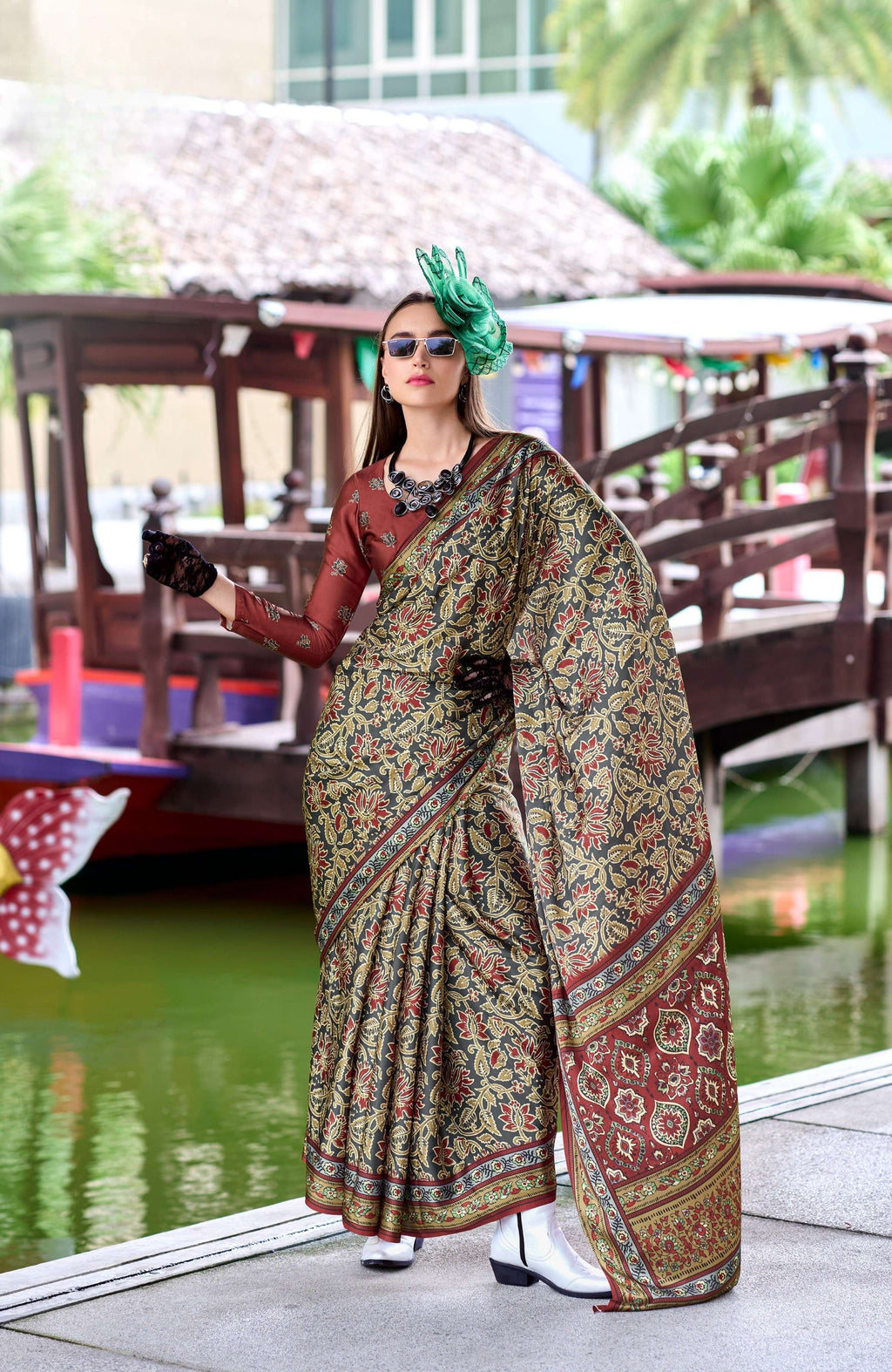 Anaita Dark Grey Ajrakh Printed Pure Satin Silk Saree With Blouse - Distacart