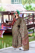 Anaita Dark Grey Ajrakh Printed Pure Satin Silk Saree With Blouse - Distacart