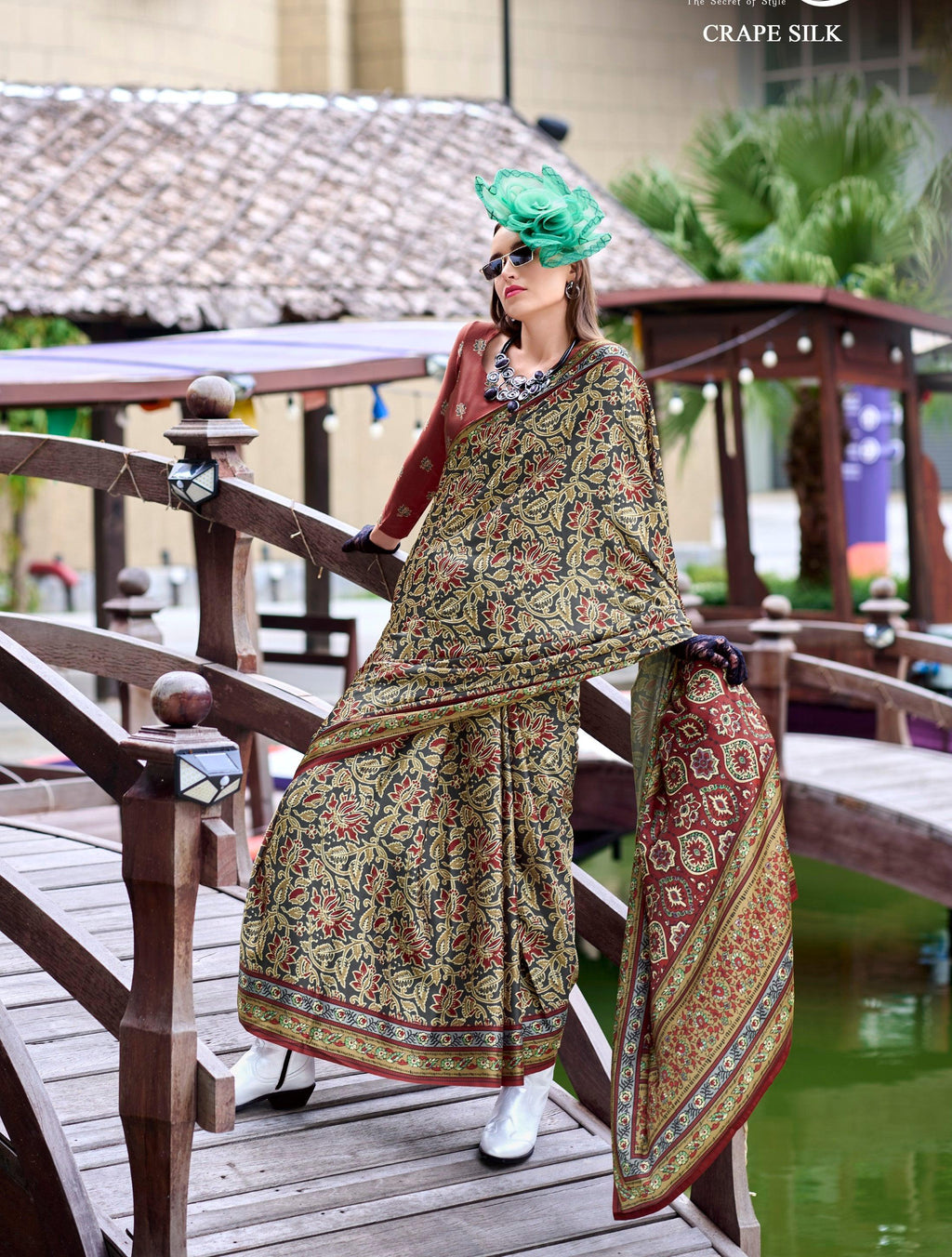 Anaita Dark Grey Ajrakh Printed Pure Satin Silk Saree With Blouse - Distacart