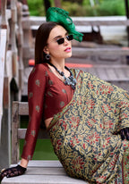 Anaita Dark Grey Ajrakh Printed Pure Satin Silk Saree With Blouse - Distacart