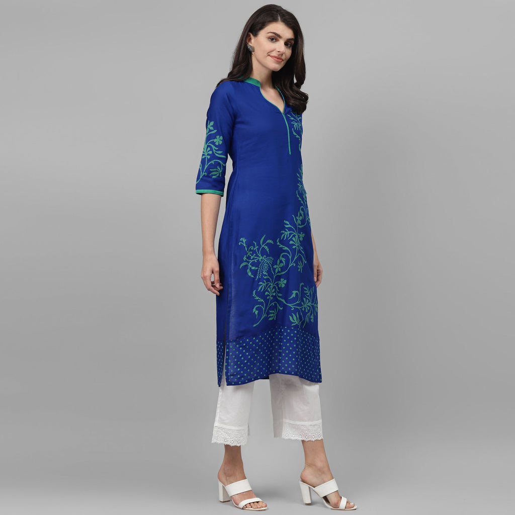 Maai Rayon Hand Printed Kurta Blue - Distacart