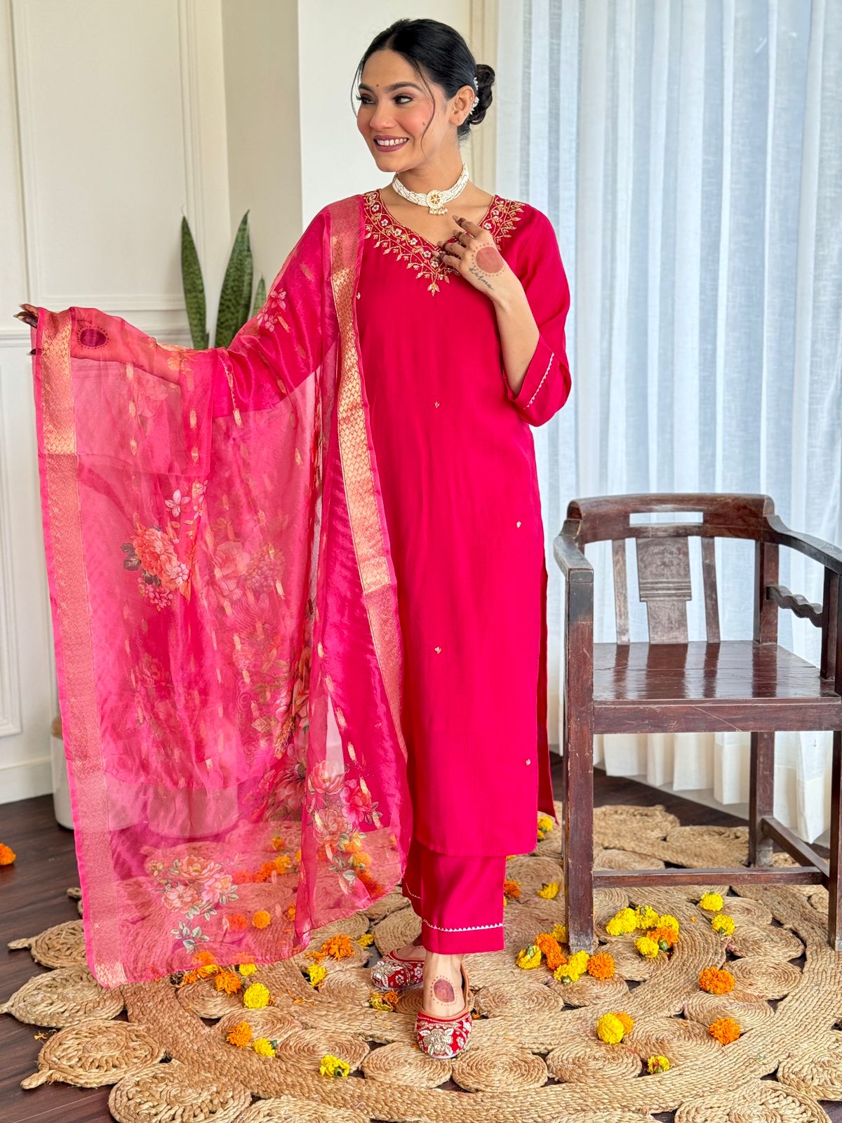 The52 Women's Beautiful Viscose Embroidery work Straight Kurta with Pant and Dupatta Set - Distacart