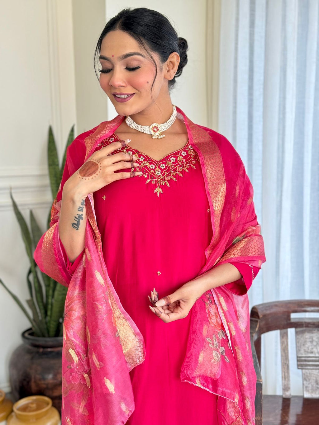 The52 Women's Beautiful Viscose Embroidery work Straight Kurta with Pant and Dupatta Set - Distacart