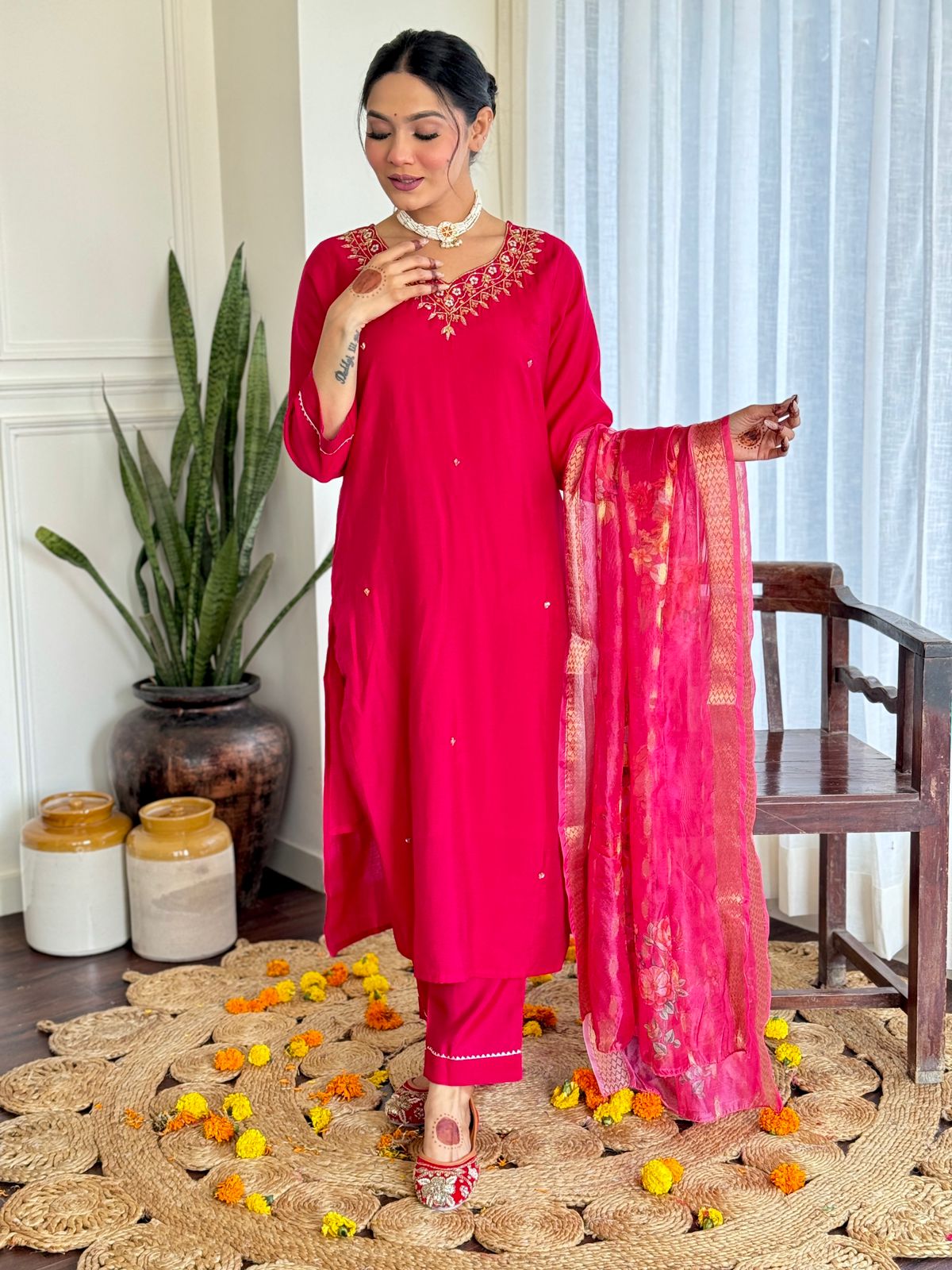 The52 Women's Beautiful Viscose Embroidery work Straight Kurta with Pant and Dupatta Set - Distacart