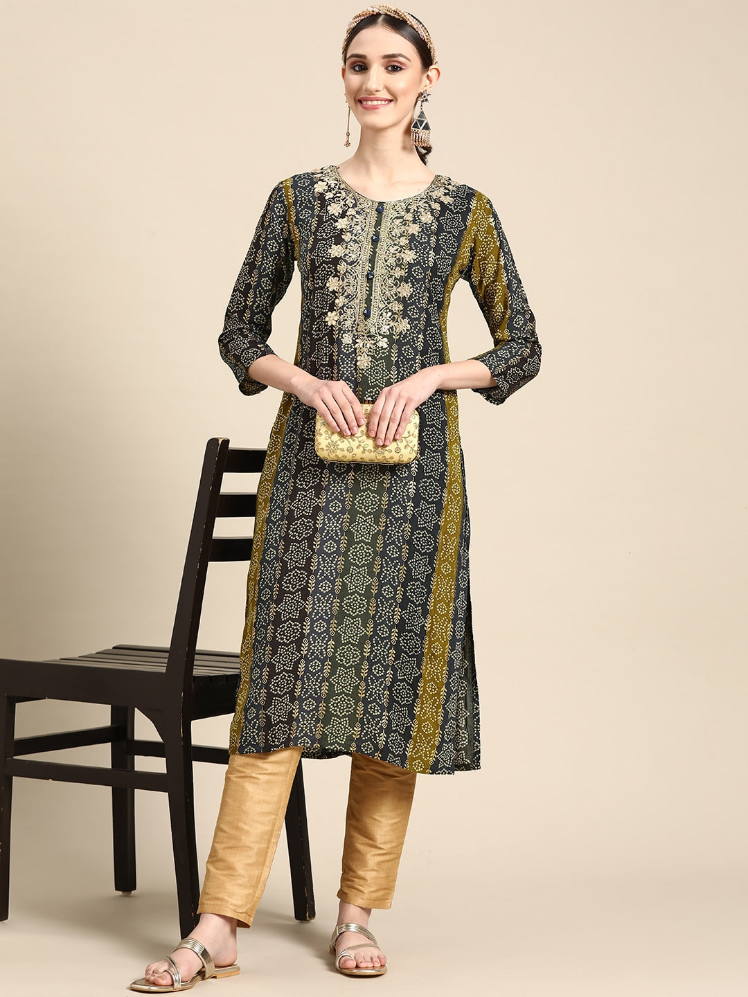 Sangria Women Blue Bandhani Embroidered Thread Work Kurta