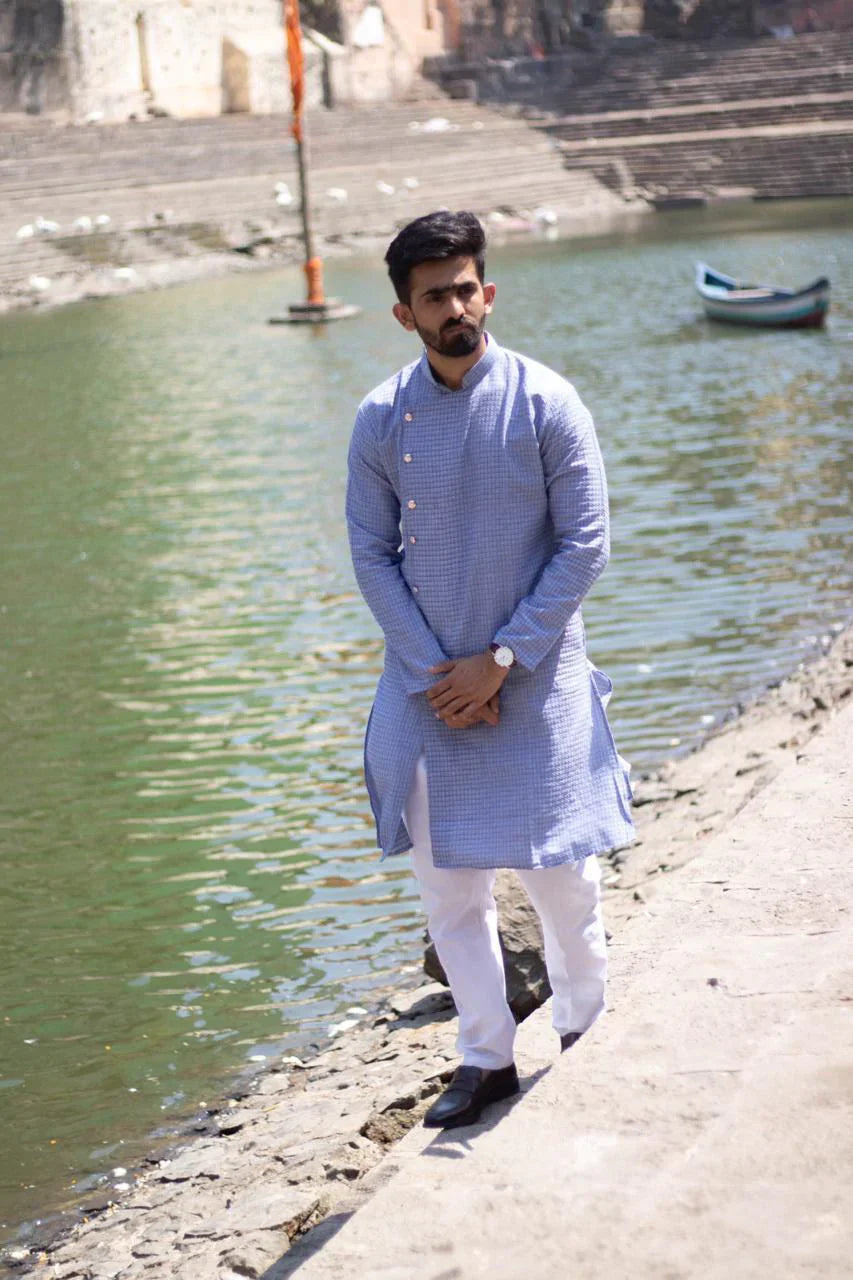 Jompers Men's Steel Blue Self Design Kurta Only