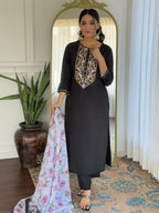 The52 Women Embroidery Work with Rayon Fabric Straight Kurta, Pant and Dupatta Set - Distacart