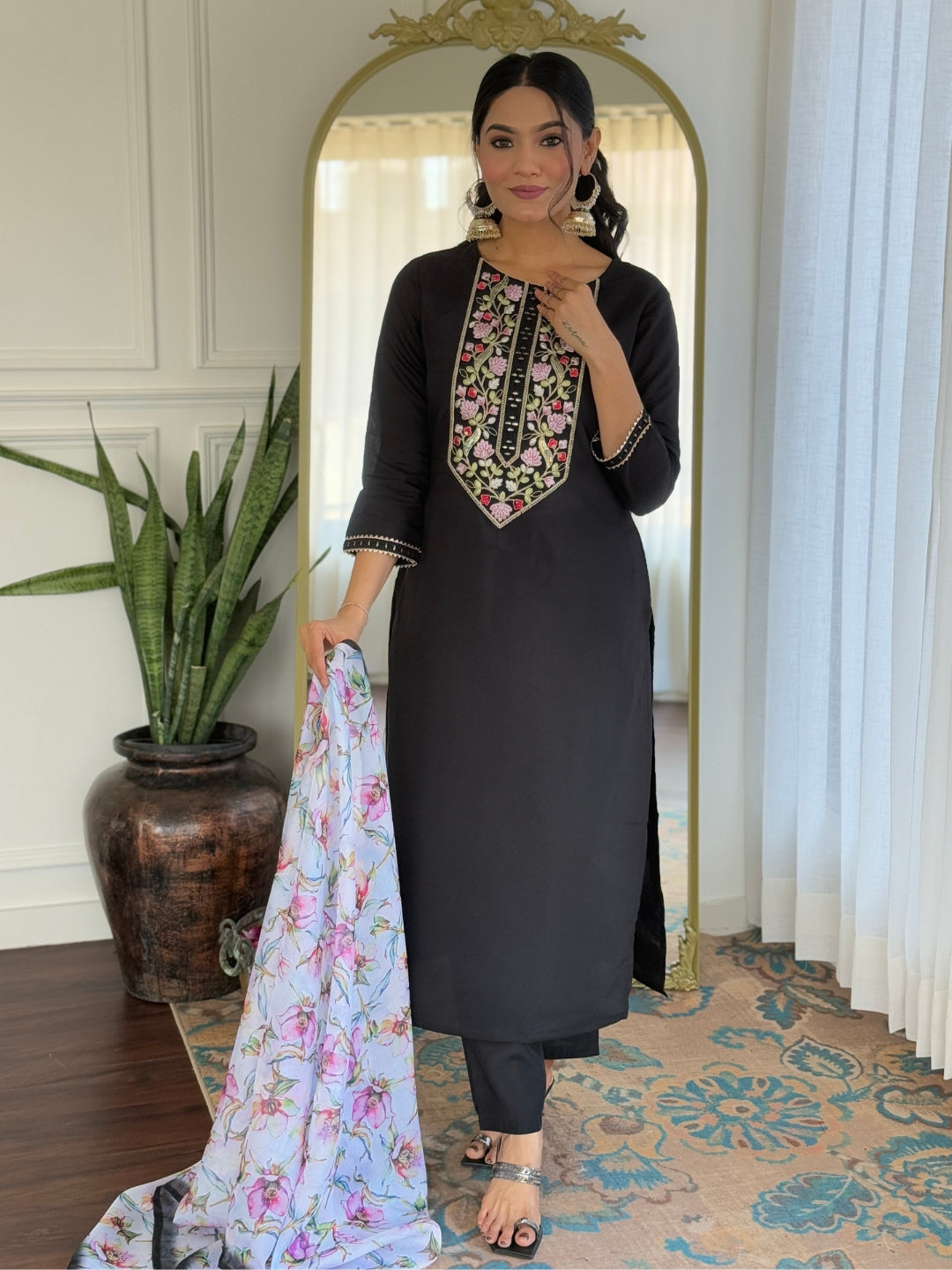 The52 Women Embroidery Work with Rayon Fabric Straight Kurta, Pant and Dupatta Set - Distacart