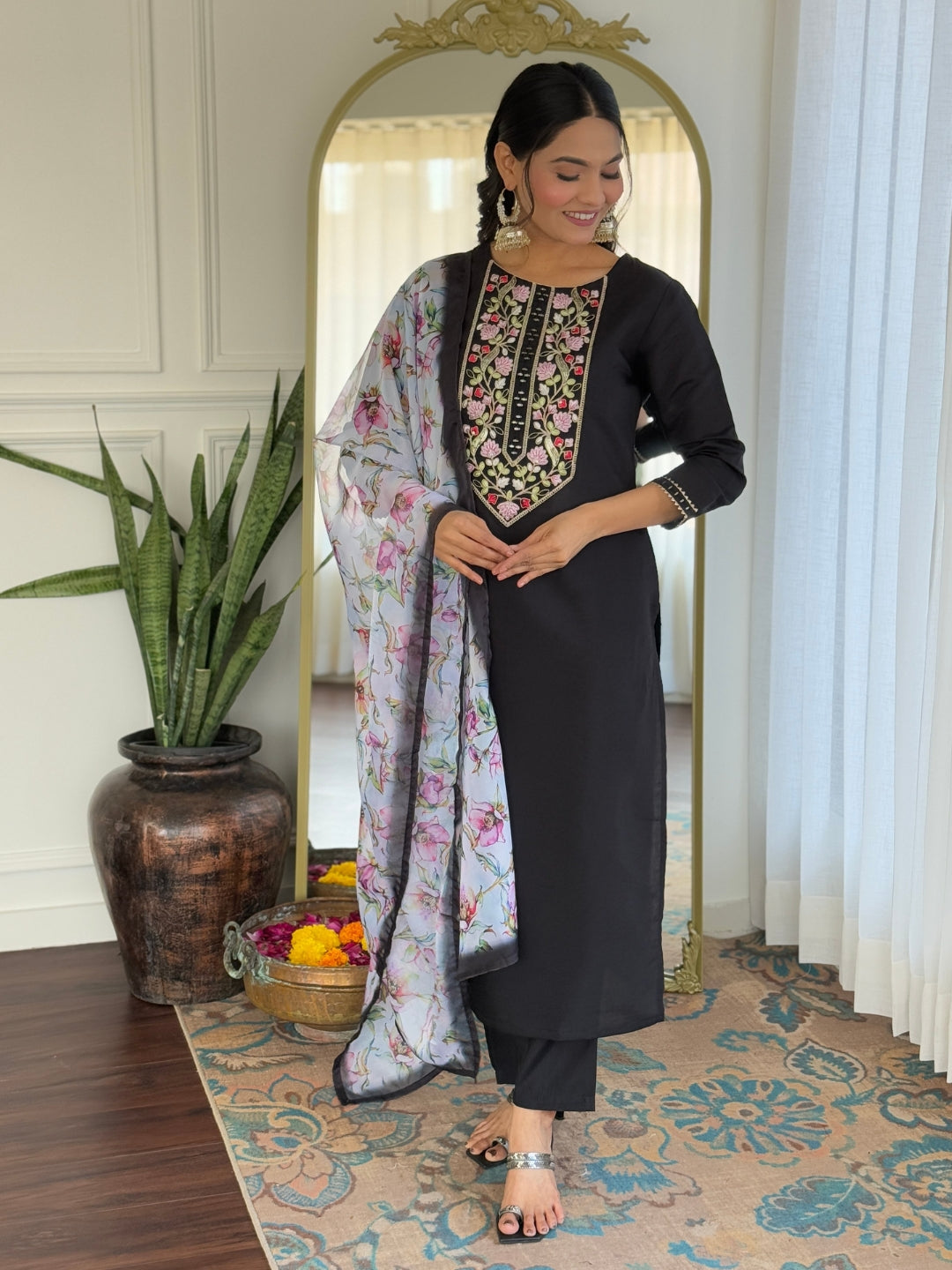 The52 Women Embroidery Work with Rayon Fabric Straight Kurta, Pant and Dupatta Set - Distacart