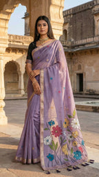 Vastranavya Lavender Muga Cotton Meenakari & Azarakh Pallu Saree with Contrast Blouse - Distacart
