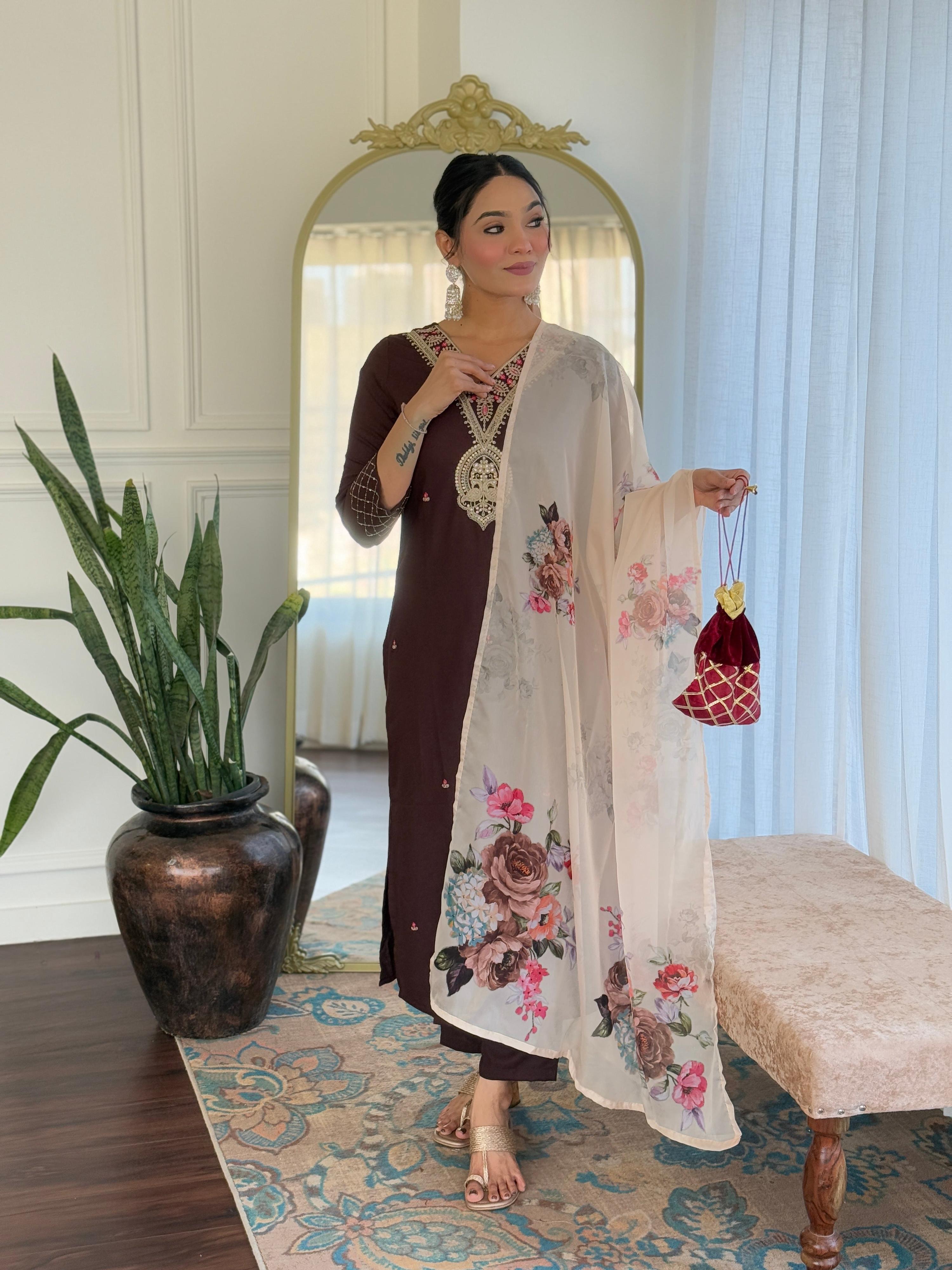 The52 Women's Rayon Slub Embroidery work Straight Kurta with Pant and Dupatta Set - Distacart