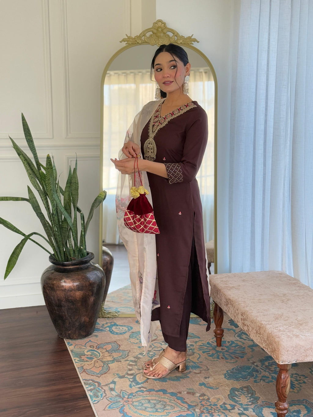 The52 Women's Rayon Slub Embroidery work Straight Kurta with Pant and Dupatta Set - Distacart