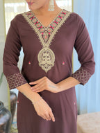 The52 Women's Rayon Slub Embroidery work Straight Kurta with Pant and Dupatta Set - Distacart