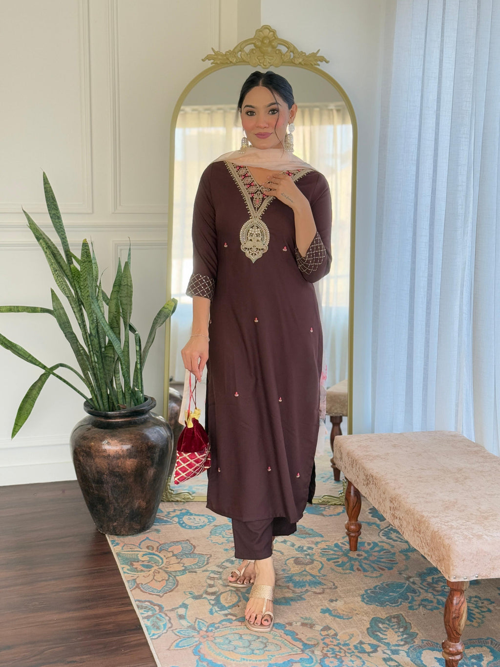 The52 Women's Rayon Slub Embroidery work Straight Kurta with Pant and Dupatta Set - Distacart