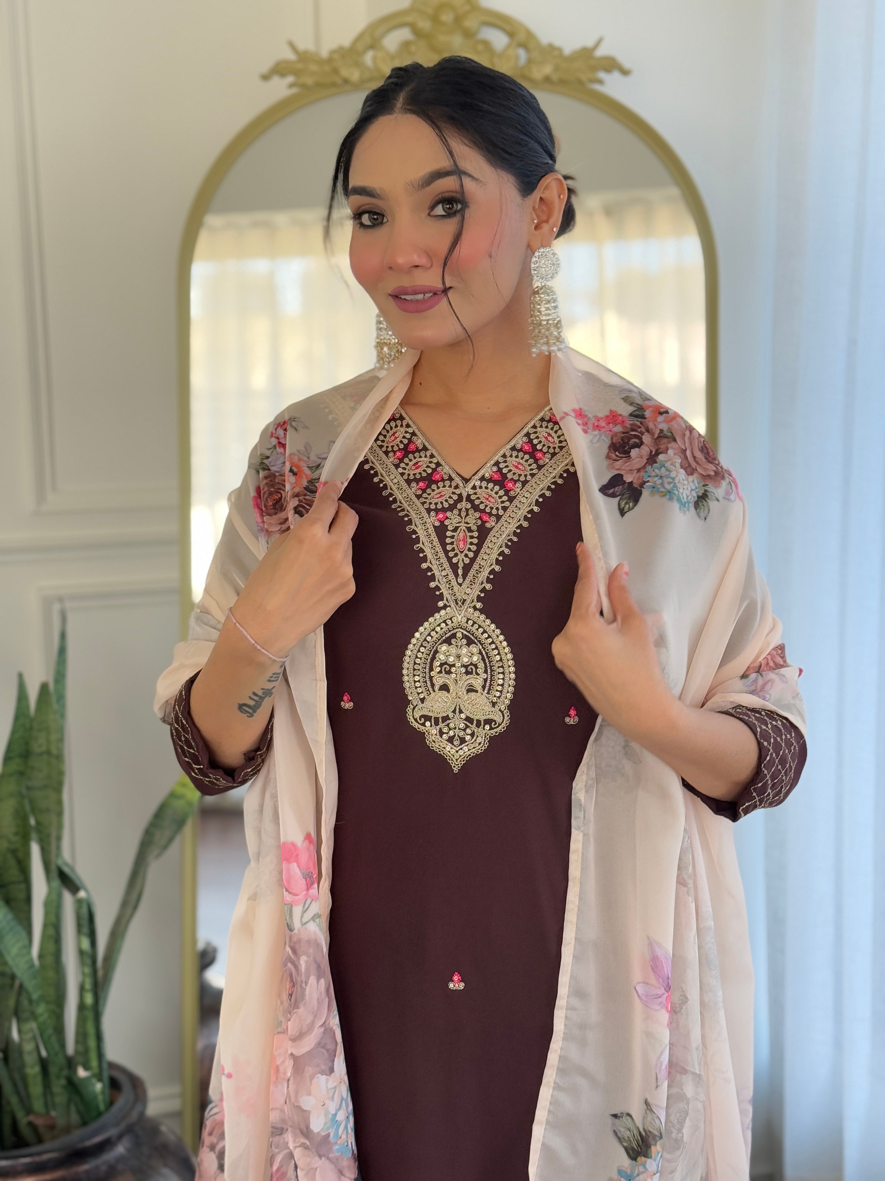 The52 Women's Rayon Slub Embroidery work Straight Kurta with Pant and Dupatta Set - Distacart