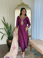 The52 Women's Rayon Slub Embroidery work Straight Kurta with Pant and Dupatta Set - Distacart