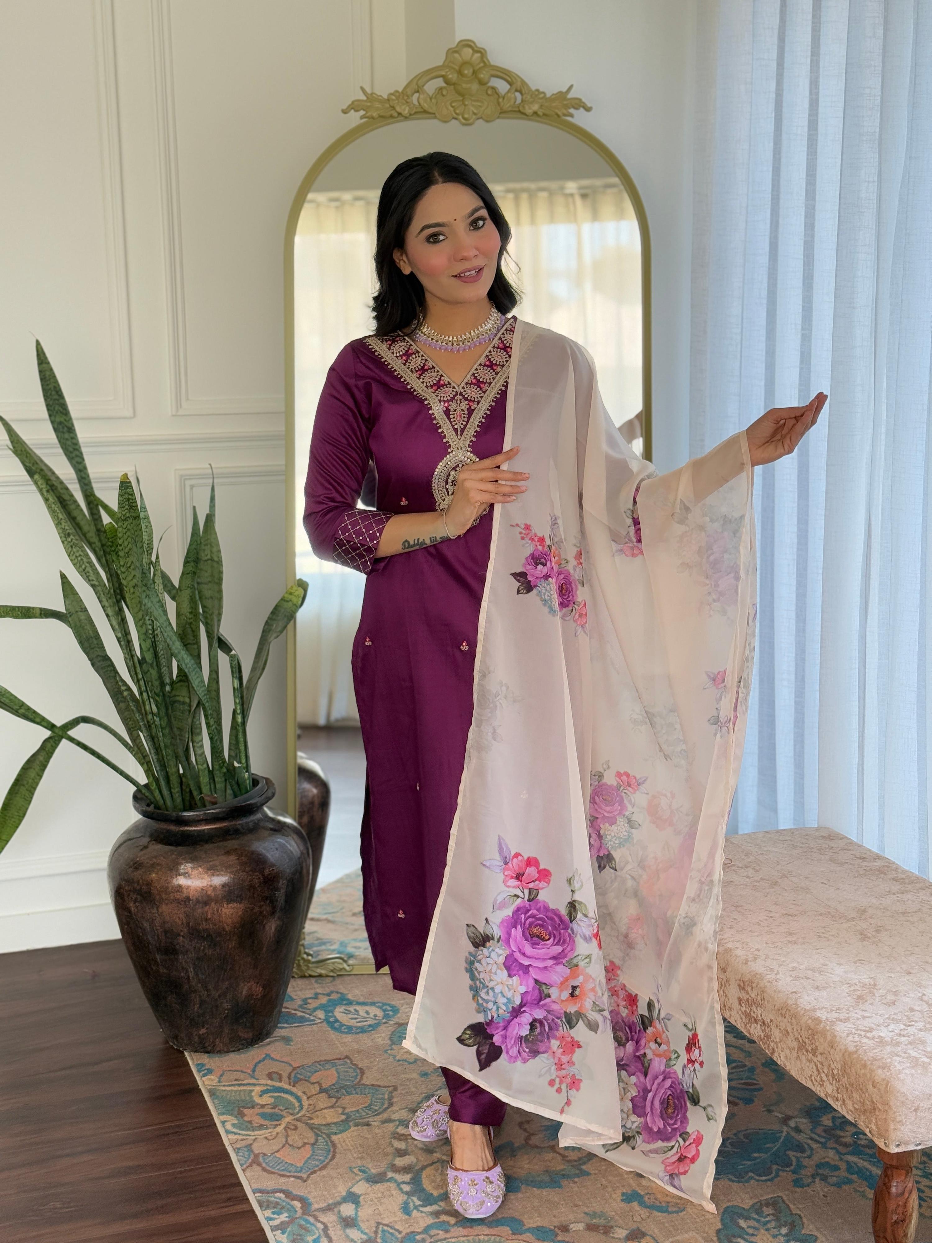 The52 Women's Rayon Slub Embroidery work Straight Kurta with Pant and Dupatta Set - Distacart