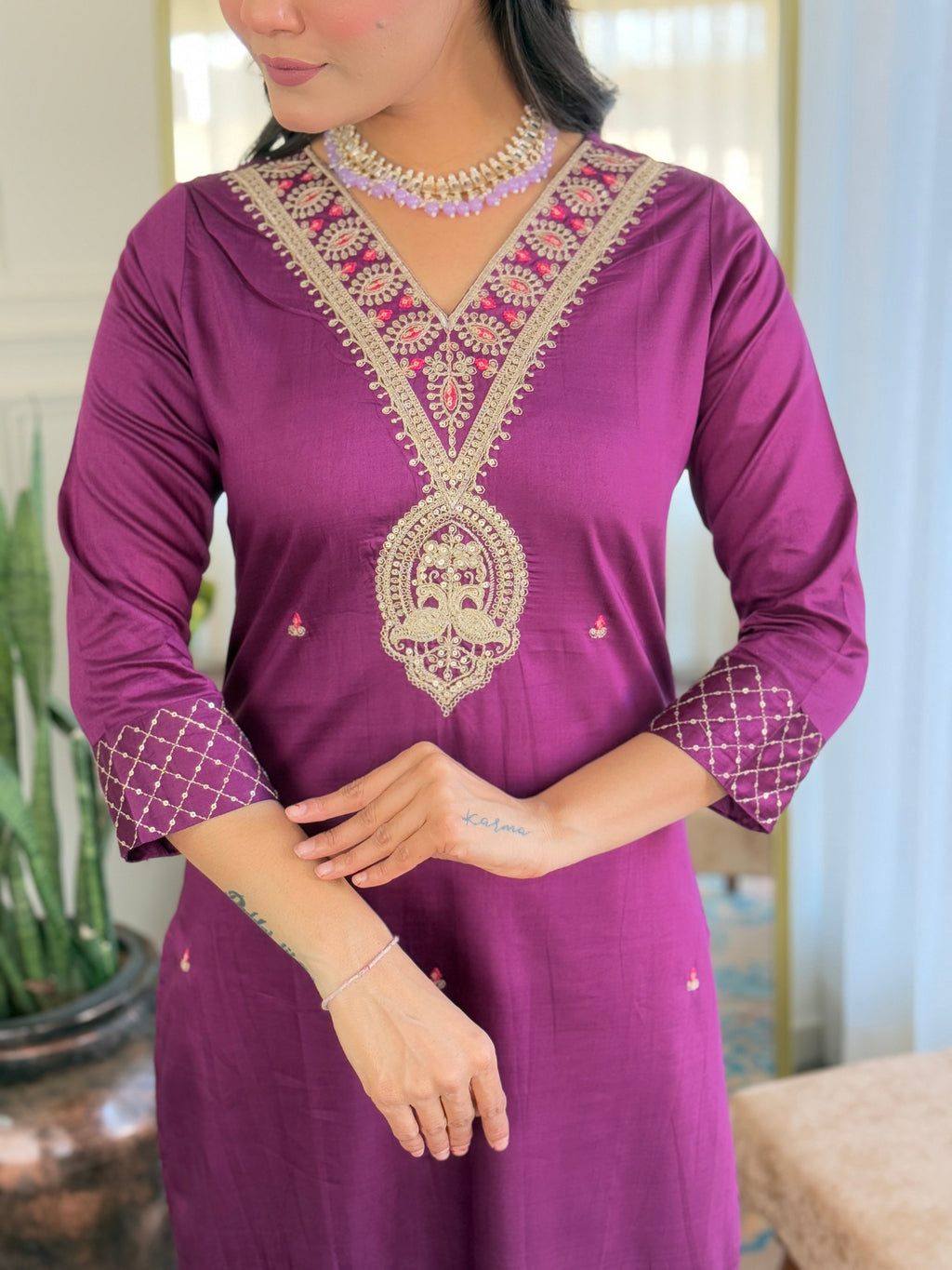 The52 Women's Rayon Slub Embroidery work Straight Kurta with Pant and Dupatta Set - Distacart