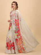 Sangria Off White & Red Floral Satin Designer Saree - Distacart