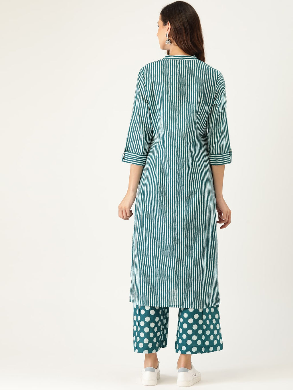 Sangria Women Teal Blue Striped Pure Cotton Kurta with Palazzos
