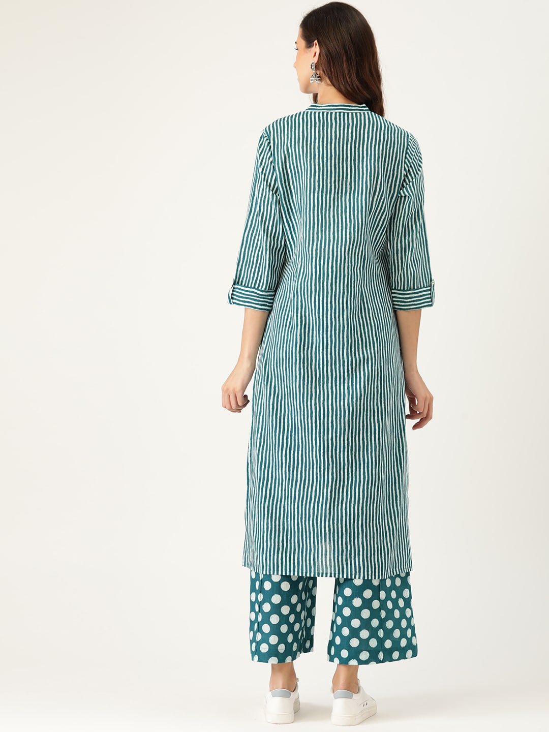 Sangria Women Teal Blue Striped Pure Cotton Kurta with Palazzos