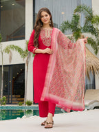 The52 Women's Beautiful Rayon Embroidery work Straight Kurta with Pant and Dupatta Set - Distacart