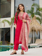 The52 Women's Beautiful Rayon Embroidery work Straight Kurta with Pant and Dupatta Set - Distacart