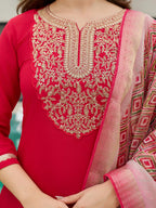The52 Women's Beautiful Rayon Embroidery work Straight Kurta with Pant and Dupatta Set - Distacart