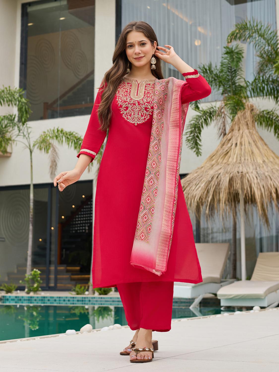 The52 Women's Beautiful Rayon Embroidery work Straight Kurta with Pant and Dupatta Set - Distacart