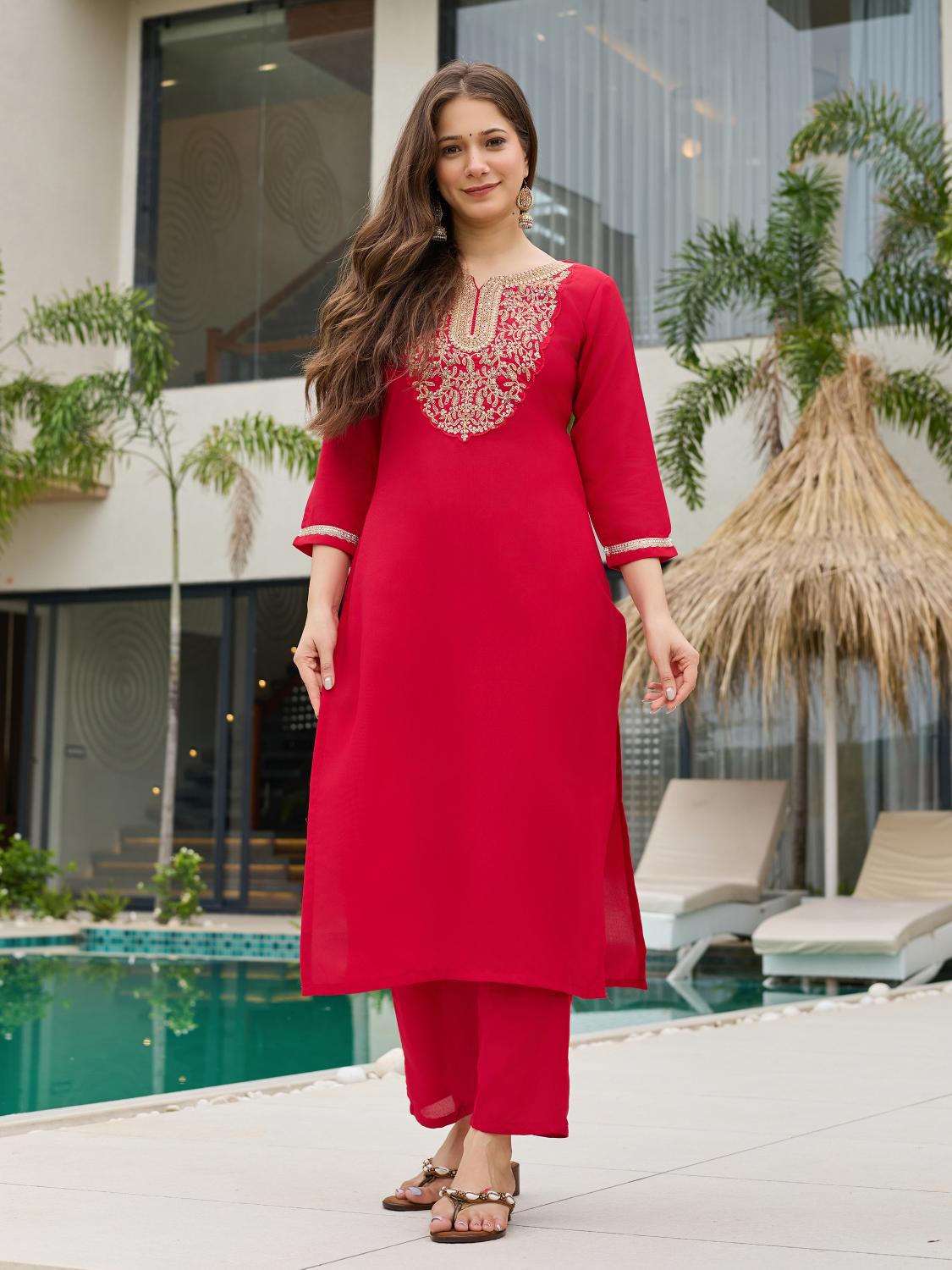 The52 Women's Beautiful Rayon Embroidery work Straight Kurta with Pant and Dupatta Set - Distacart