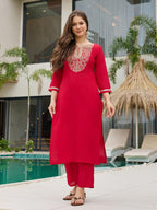 The52 Women's Beautiful Rayon Embroidery work Straight Kurta with Pant and Dupatta Set - Distacart