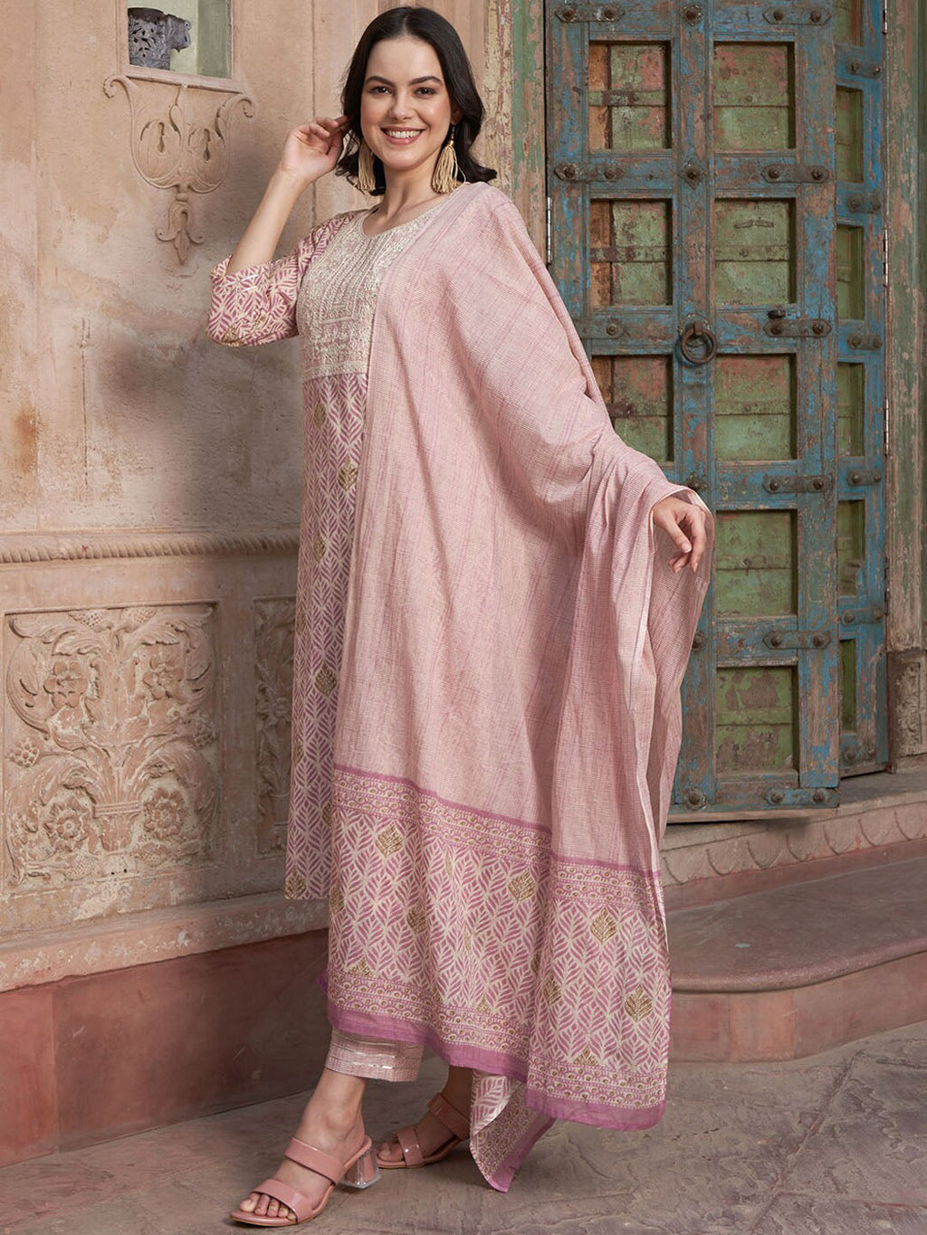 Sangria Mauve coloured Floral Printed Pure Cotton Kurta with Churidar & With Dupatta