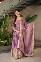 Lorenvalley Fashion Lavender Fendy Satin Embroidery Sequins Work Anarkali Gown with Dupatta - Distacart