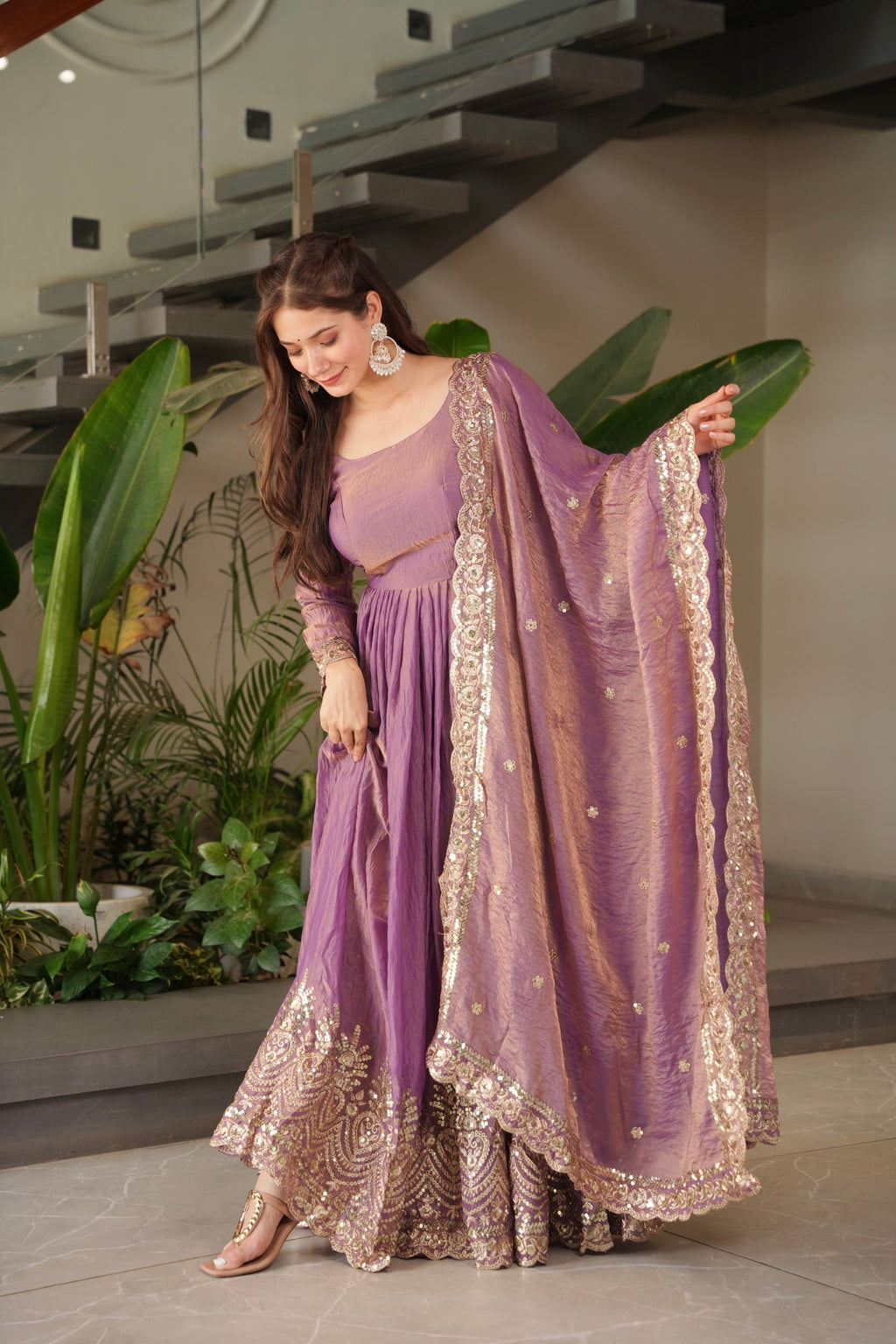 Lorenvalley Fashion Lavender Fendy Satin Embroidery Sequins Work Anarkali Gown with Dupatta - Distacart