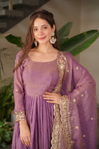 Lorenvalley Fashion Lavender Fendy Satin Embroidery Sequins Work Anarkali Gown with Dupatta - Distacart